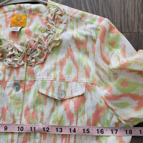 Ruby Rd. Women's Button-Up Top 14P White and Pink Linen Long Sleeves Ruffle Neck - Picture 6 of 8